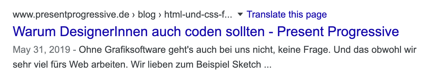 Screenshot eines beispielhaften Suchergebnisses bei Google mit URL, Titel und Beschreibung