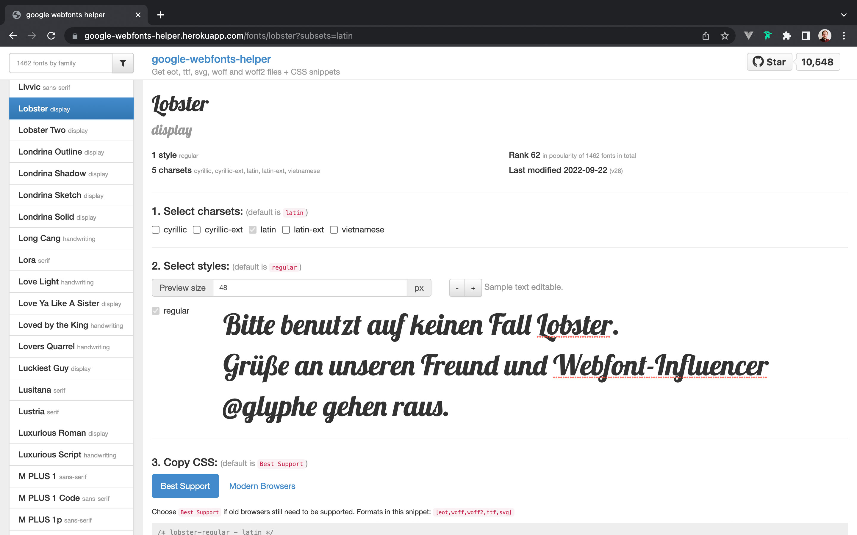 Interface von google-webfonts-helper mit dem Text im Font Tester „Bitte benutzt auf keinen Fall Lobster. Grüße an unseren Freund und Webfont-Influencer @glyphe gehen raus.“