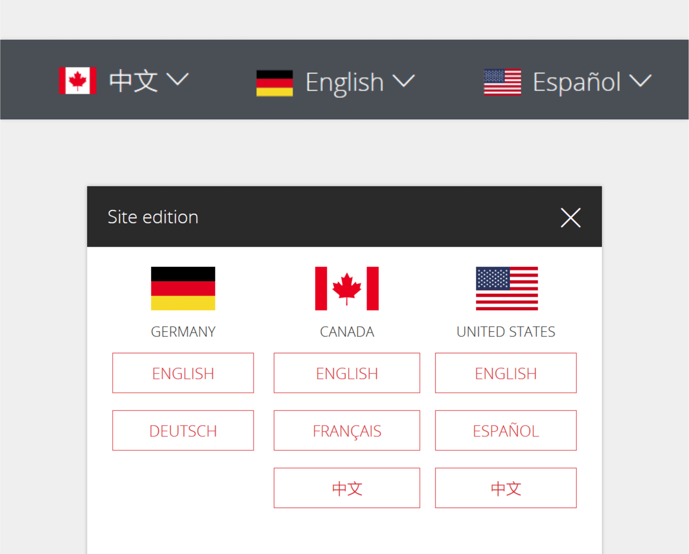 Screenshot der Air Canada Website, die den Header der Website mit unterschiedlichen Regionen- und Spracheinstellungen zeigt.