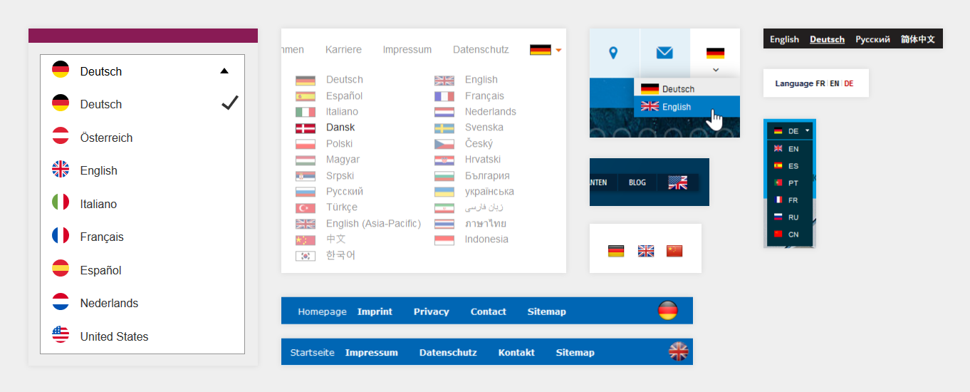 Beispiele von Sprachwählern auf verschiedenen Websites