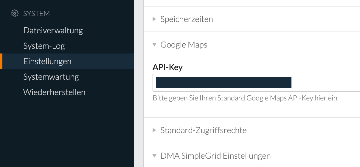 Screenshot des Contao 4 Backends: API-Key in den Einstellungen der Google Maps-Erweiterung hinterlegen