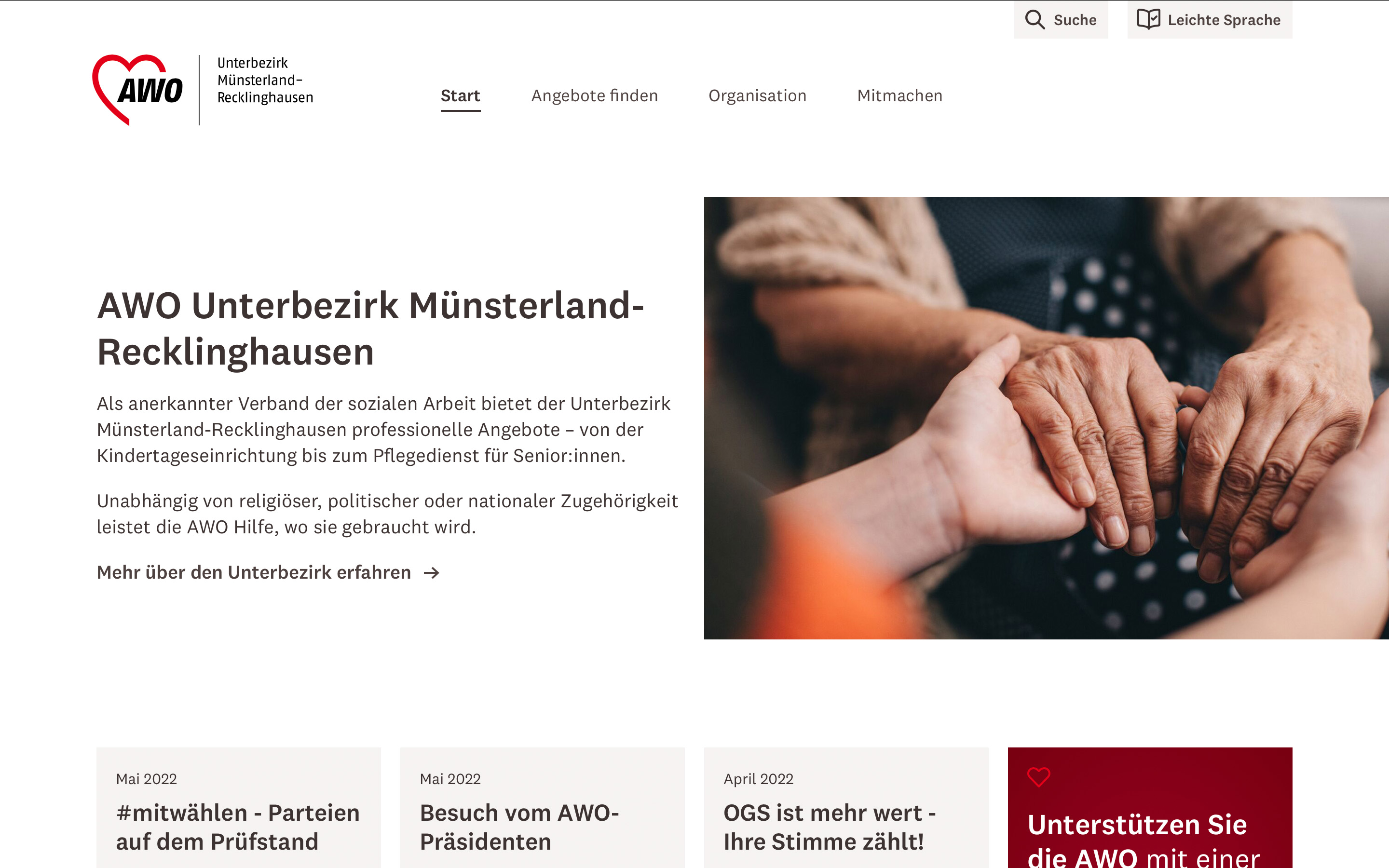 Startseite der Website der AWO M&uuml;nsterland-Recklinghausen