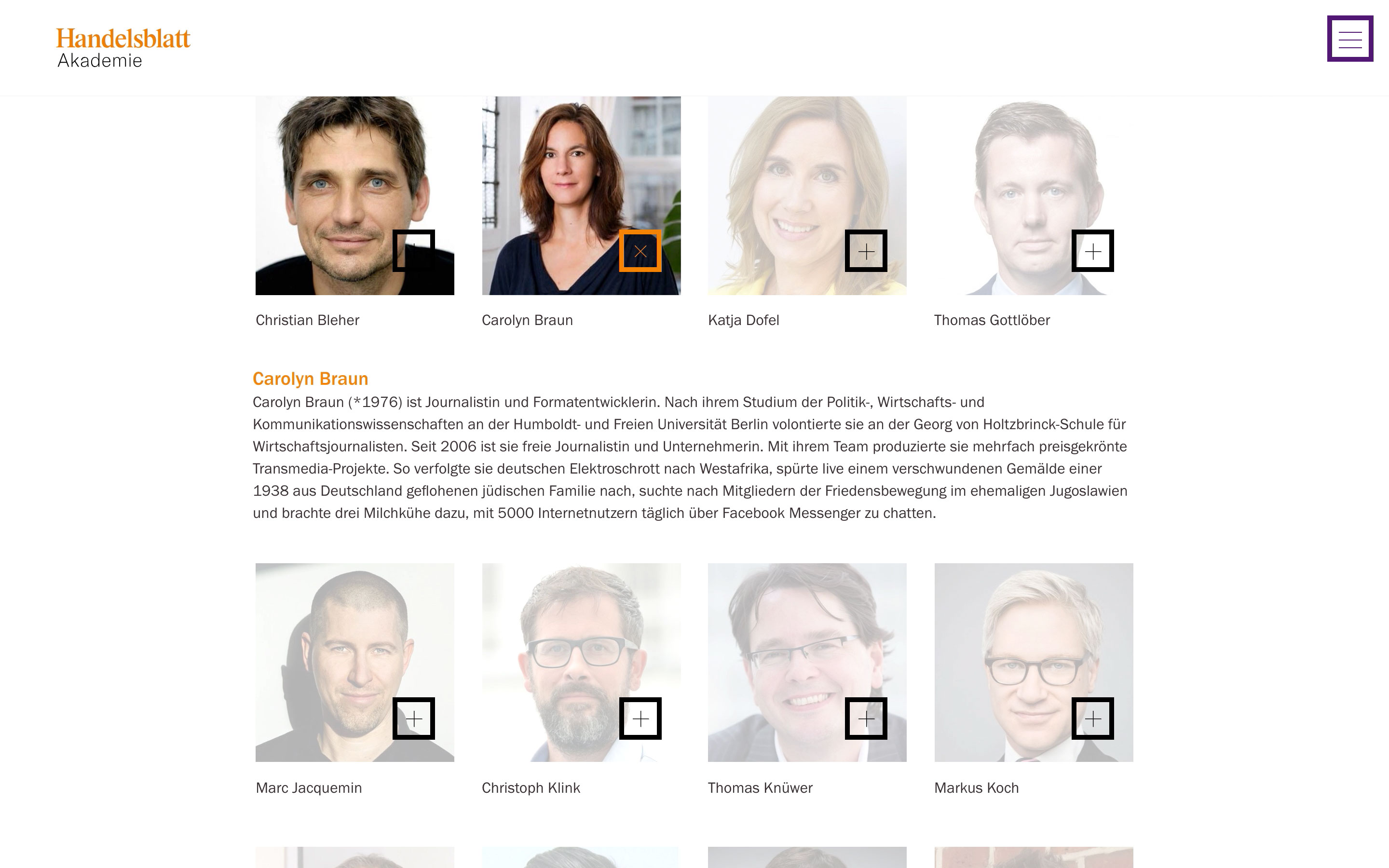 Die Dozentenunterseite der Akademiewebsite mit Bildern und Lebensl&auml;ufen der Dozentinnen und Dozenten