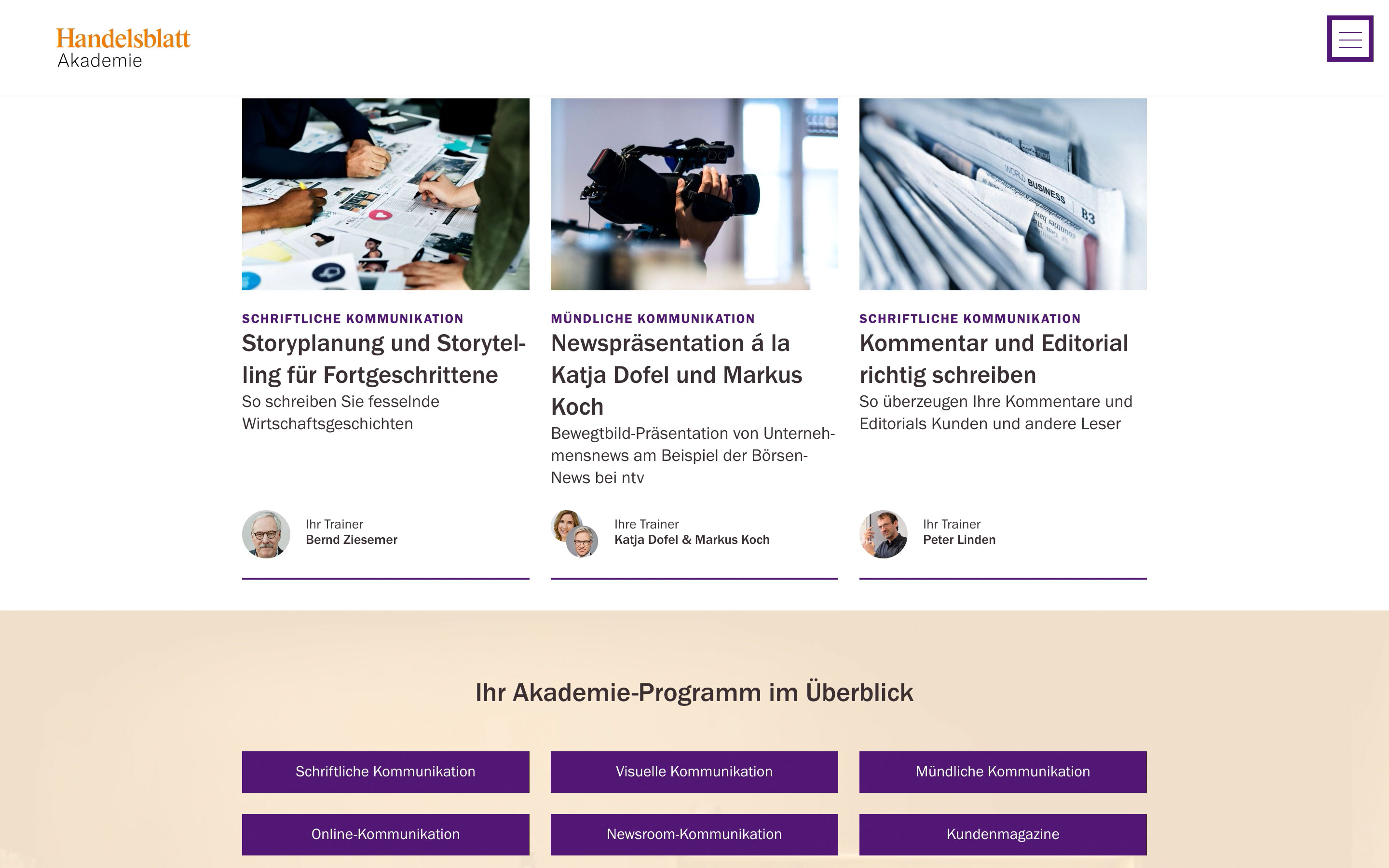 Die Startseite der Handelsblatt Akademie mit drei Seminarteasern