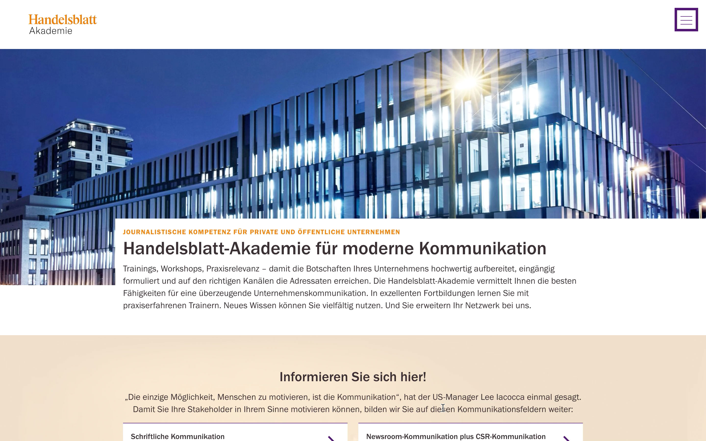 Die Startseite der Akademiewebsite mit einem Bild des Firmensitzes der Handelsblatt Media Group