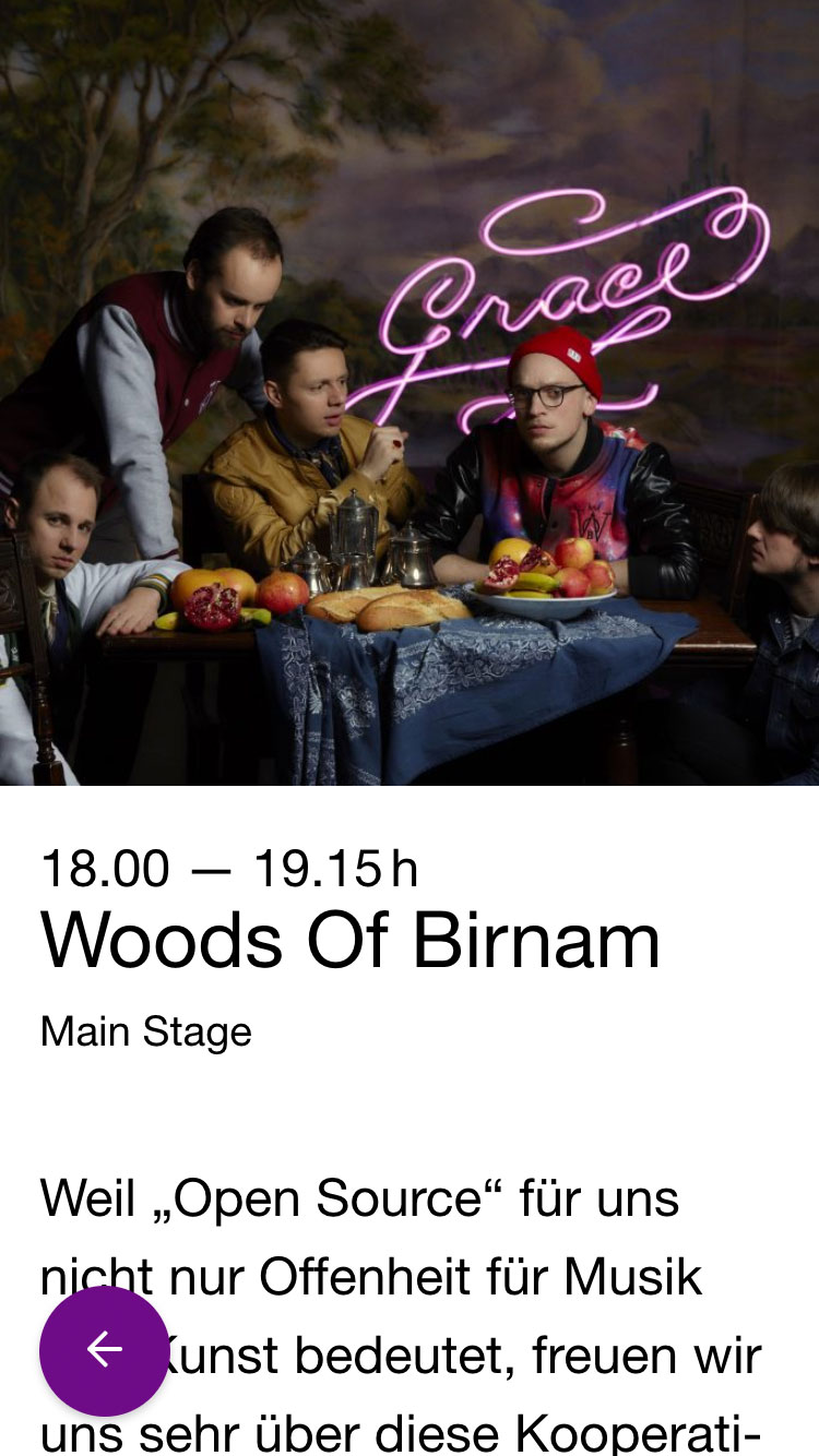 Die Detailseite der Open Source Festival Timetable Web App der Band Woods of Birnam