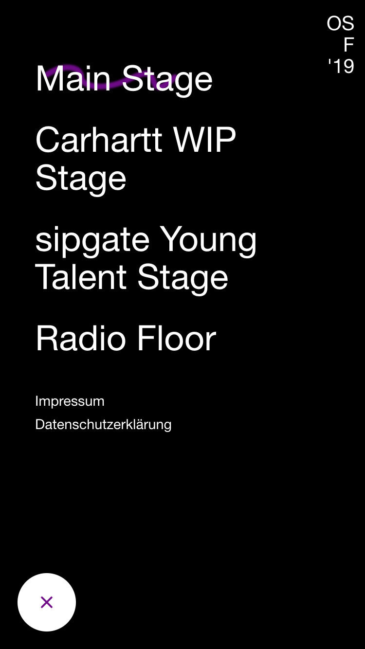 Das Hauptmenü der Web App mit den einzelnen Bühnen