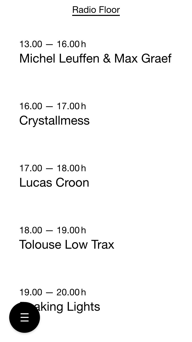 Die Timetable-Ansicht für die Radio Floor Bühne in der Web App